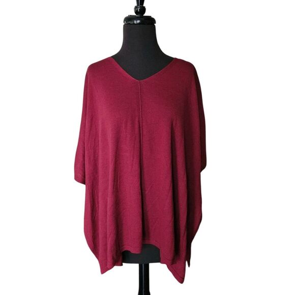 J. Jill Poncho Sweater Top Merino Wool Tencel Blend Dark Red One Size V Neck - Picture 1 of 6